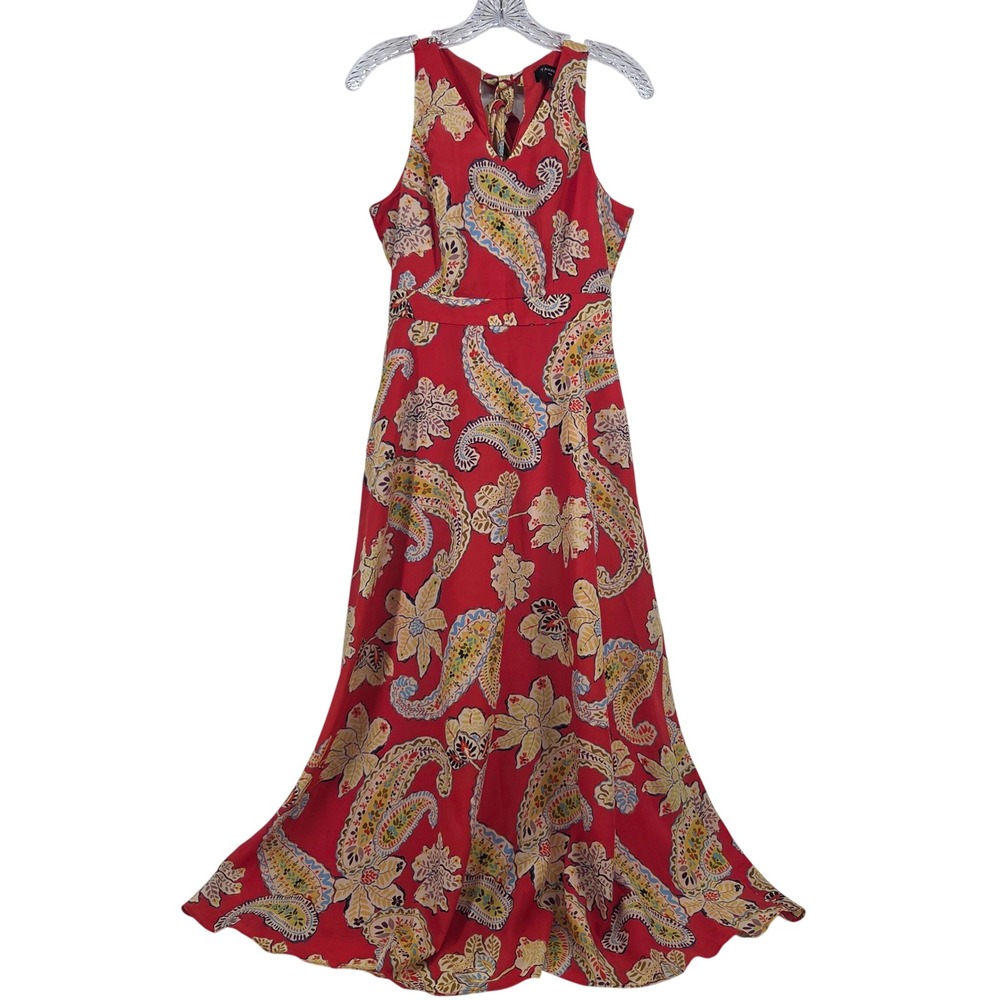 Tahari ASL Maxi Dress 2 Red Paisley Halter Tie Back Boho Eclectic Art-Inspired